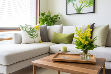 Cozy Living Room Interior with Fresh Flowers on Coffee Table and Comfortable Green Pillows on Couch. Home Decor Concept