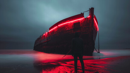 Silhouette with red-lit shipwreck at night.