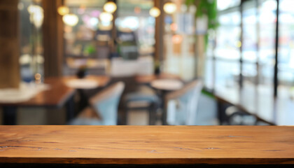 Empty coffee table over defocused coffee shop background with copy space for your text or design