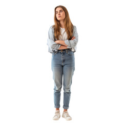 Obraz premium Angry girl standing with crossed hand in jeans