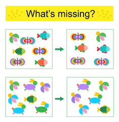 Naklejka premium Puzzle game. Find the missing object. Cartoon fish, butterfly