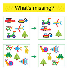 Puzzle game. Task for the development of attention and logic for children. Find the missing object. Vector illustration.