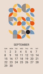 September month 2024 calendar template. Geometric planner design, desk calendar, wall calendar, minimal style. Simple vector illustration