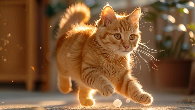 A playful cat chasing sunbeams in a minimalist living room.