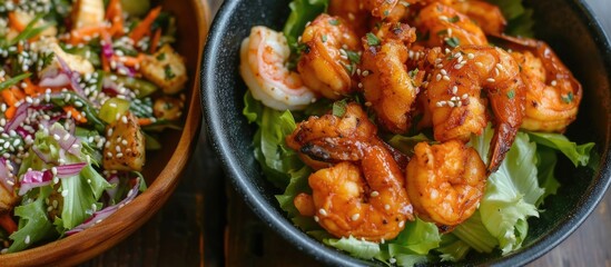 Fototapeta premium A photo of a bowl filled with shrimp and another bowl filled with a lettuce salad on a table.