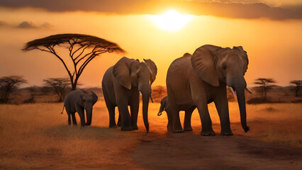 Fototapeta na wymiar Family of elephants at sunset in the national park