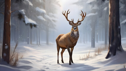 Noble deer male in winter snow forest. Artistic winter