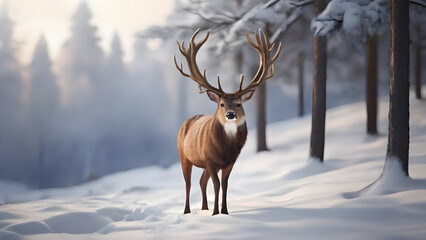 Noble deer male in winter snow forest. Artistic winter