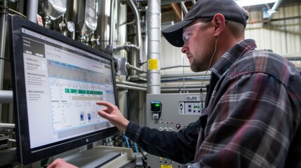 An employee monitoring a computer screen displaying realtime data on water usage and conservation efforts in the production process.