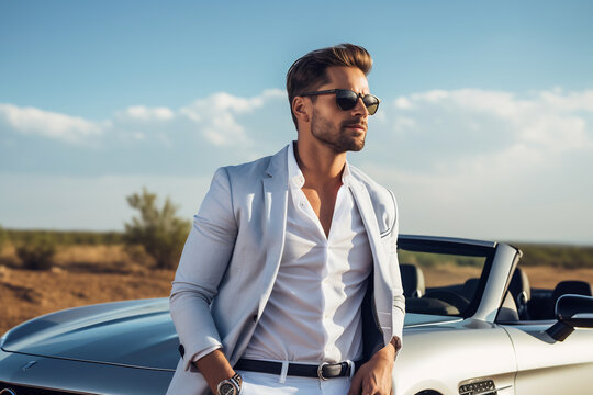 Stylish Man in White Suit Leaning on a Luxury Convertible Car in the Desert. Elegance and Lifestyle Concept
