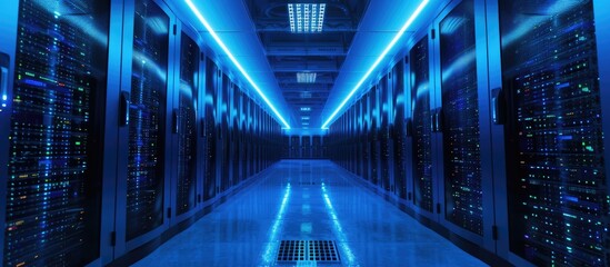 Rows of bright blue equipment fill a long hallway in a dark server room dedicated to processing big data. - obrazy, fototapety, plakaty