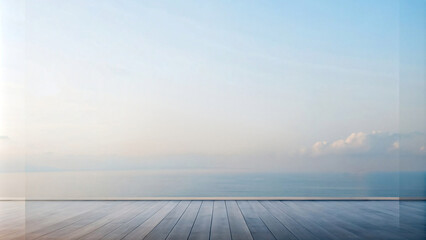 Empty room with wooden floor overlooking a tranquil beach at sunset - obrazy, fototapety, plakaty