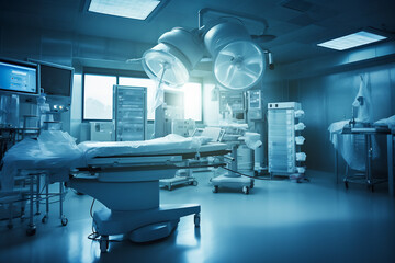 Modern Operating Room with Advanced Surgical Equipment in a Dimly Lit Hospital. Healthcare and Medicine Concept