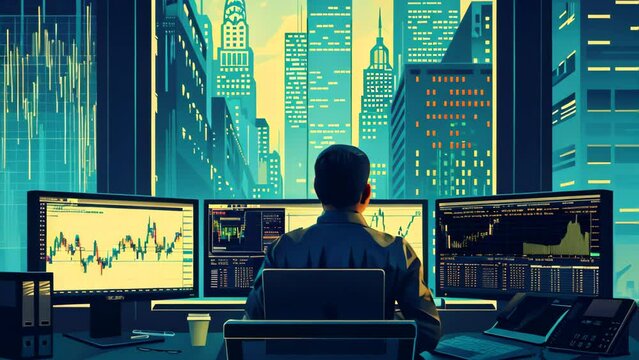 Flat design professional man trading in stock market background.