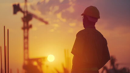 Two silhouetted construction engineers discuss plans against a backdrop of cranes and a sunset-lit industrial skyline.
