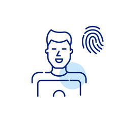 Young man at laptop and fingerprint symbol. Pixel perfect, editable stroke icon