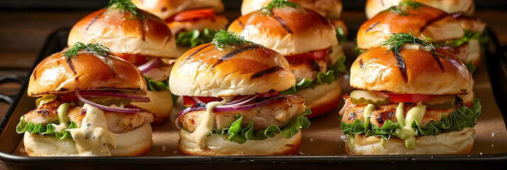 A colorful arrangement of turkey sliders takes center stage in this image, with each mini sandwich boasting a juicy turkey patty, melted cheese, crisp lettuce, and a dollop of zesty aioli. - obrazy, fototapety, plakaty