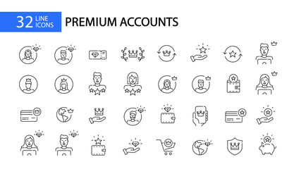 Premium user accounts. Diamond and crown levels. Pixel perfect, editable stroke icons set