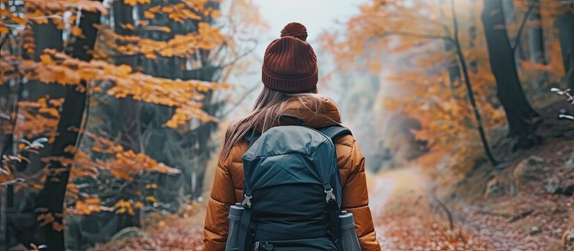 A solo female tourist with a backpack is seen walking on a footpath through the autumn forest.