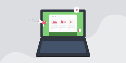 Text, visual and video content on website or blog post page, display brand message to audience, internet marketing concept, vector illustration.