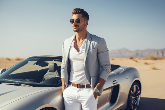 Stylish Man in White Suit Leaning on a Luxury Convertible Car in the Desert. Elegance and Lifestyle Concept