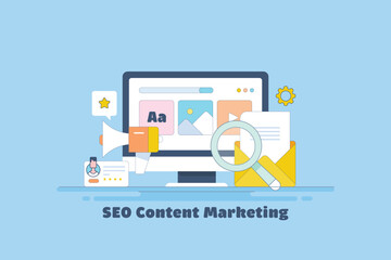 Website or blog page content optimized for higher search engine ranking, increase web visibility with different content formats, vector illustration concept.