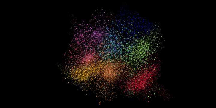Launched colorful powder on black background. Multi Colored powder splash cloud isolated. Abstract dust design for use as background. abstract powder slatted background. Paint Holi. top view.