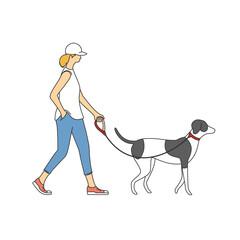 Woman walking dog illustration. Young woman wearing a short-sleeved shirt and cropped pants and a pointer dog.