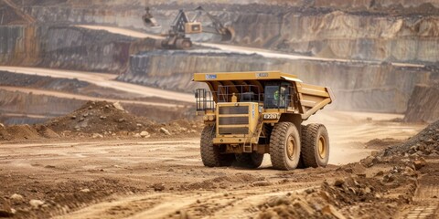 Large quarry dump truck. Dump truck carrying coal, sand and rock. Trucks moving on dirt country road in forest.