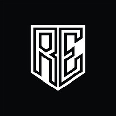 RE Letter Logo monogram shield geometric line inside shield design template