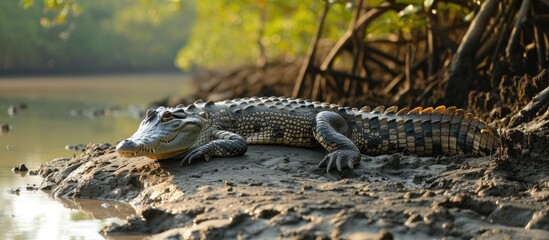 A massive Crocodylus porosus, a saltwater crocodile, rests on a sandy beach in the Sundarbans, the worlds largest mangrove forest.
