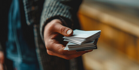 A close-up of a hand holding a stack of business cards, representing networking and connections realistic photography - obrazy, fototapety, plakaty