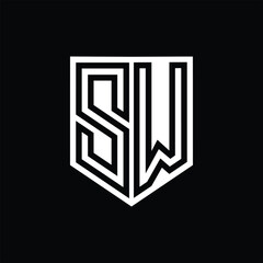 SW Letter Logo monogram shield geometric line inside shield design template