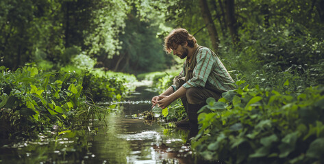 Naklejka na ściany i meble A farmer kneels by a river, carefully collecting water samples in a glass vial. Lush greenery surrounds them.