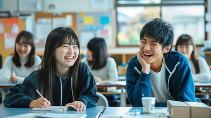 日本の私服の高校生・大学生の男女が教室の机に座って笑っている写真 - obrazy, fototapety, plakaty