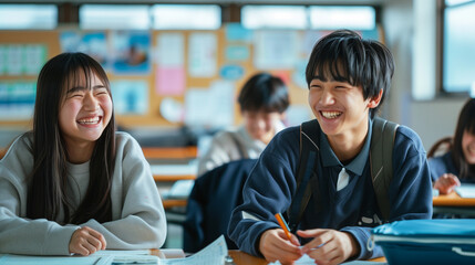 日本の高校生・大学生の男女が教室の机に座って笑って勉強している写真 - obrazy, fototapety, plakaty
