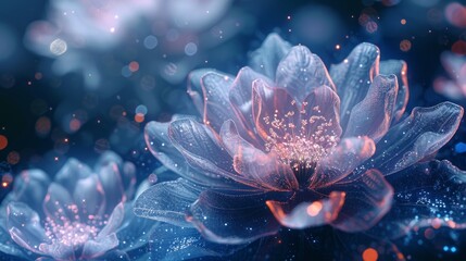 Fototapeta na wymiar A mesmerizing image of delicate flowers emitting a soft glow, surrounded by mystical particles and a magical blue light.
