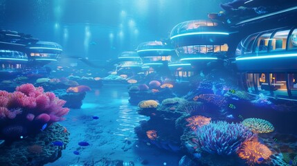 Futuristic underwater habitat with domed structures amidst vibrant coral reefs, illustrating a harmonious blend of technology and marine life. - obrazy, fototapety, plakaty