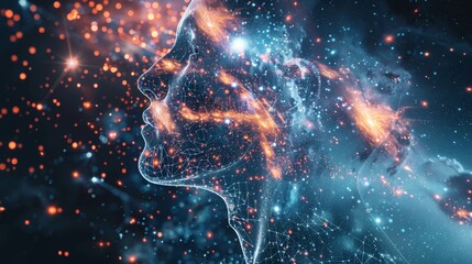 Abstract digital visualization of a human silhouette intertwined with cosmic star fields and nebulae, symbolizing the universe within.