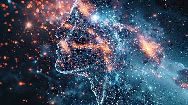 Abstract digital visualization of a human silhouette intertwined with cosmic star fields and nebulae, symbolizing the universe within.