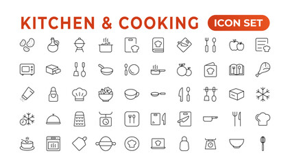 Fototapeta na wymiar Set of outline icons related to cooking, and kitchen. Linear icon collection. Kitchen and Cooking thin line web icon set. Outline icons collection. Kitchen utensils - pan, oven, cookbook, saucepan.