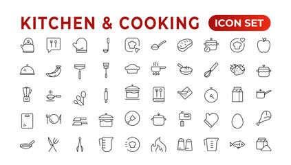 Set of outline icons related to cooking, and kitchen. Linear icon collection. Kitchen and Cooking thin line web icon set. Outline icons collection. Kitchen utensils - pan, oven, cookbook, saucepan.