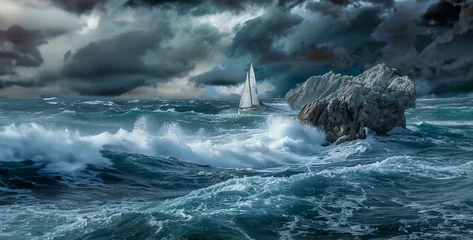 Fotobehang Dark clouds rage, churning waves clash with fury. Lone sailboat battles, rain falls heavy, coastline fades in mist. Nature's raw power unleashed realistic stock photography © Ajmal Ali 217