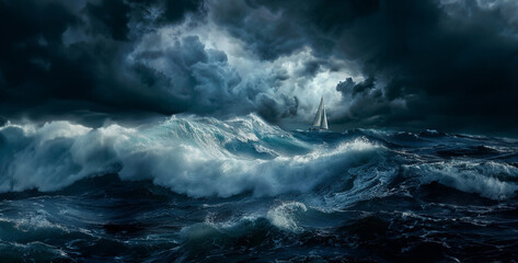 Dark clouds rage, churning waves clash with fury. Lone sailboat battles, rain falls heavy, coastline fades in mist. Nature's raw power unleashed realistic stock photography - obrazy, fototapety, plakaty