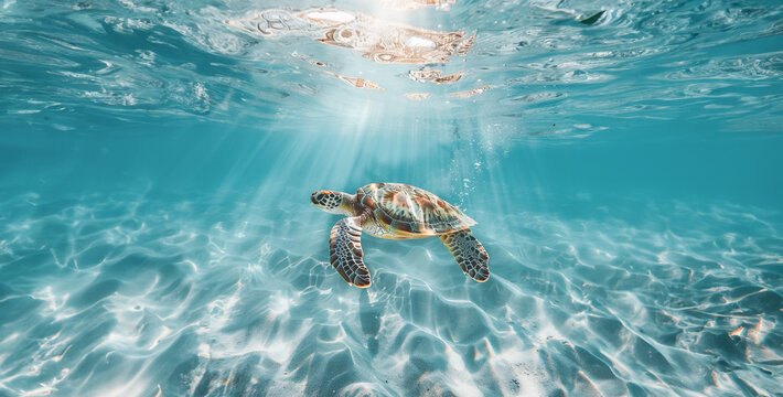 Close-up of a sea turtle gracefully gliding through crystal-clear water, sunlight dappling its shell realistic stock photography