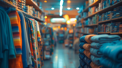 Abstract blur background of charity shop or thrift store, which sell second hand, used clothing, accessories, books and household goods.  generative ai