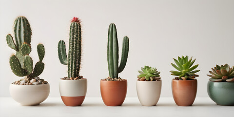 collection Set of different mixed cactus and succulents types of small mini plant in modern ceramic nordic vase pot as furniture cutouts isolated on transparent png background 