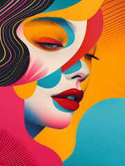 Bold and colorful geometric shapes with empowering representation for Women's Day poster. Abstract pop art illustration for commercial background or presentation. A woman is glancing down.