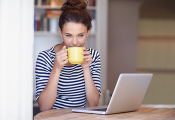 Relax, coffee and woman in home office with laptop, thinking and website research for business networking. Freelance, remote work and girl at table on computer for communication, email and online job