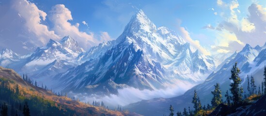 A captivating painting of a majestic mountain range with clouds and trees, showcasing the breathtaking beauty of nature.